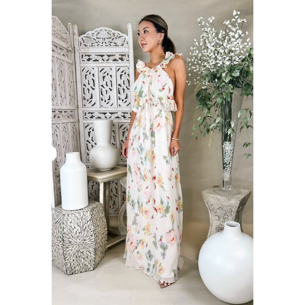 For Love&Lemons L Abby $298 Romantic Floral Maxi Dress Backless Ruffle Cream NWT - Picture 2 of 12